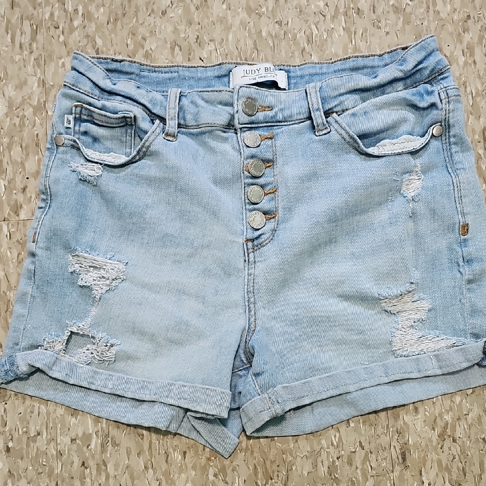 Judy Blue Light Blue Distressed Button-Front Denim Shorts Size M